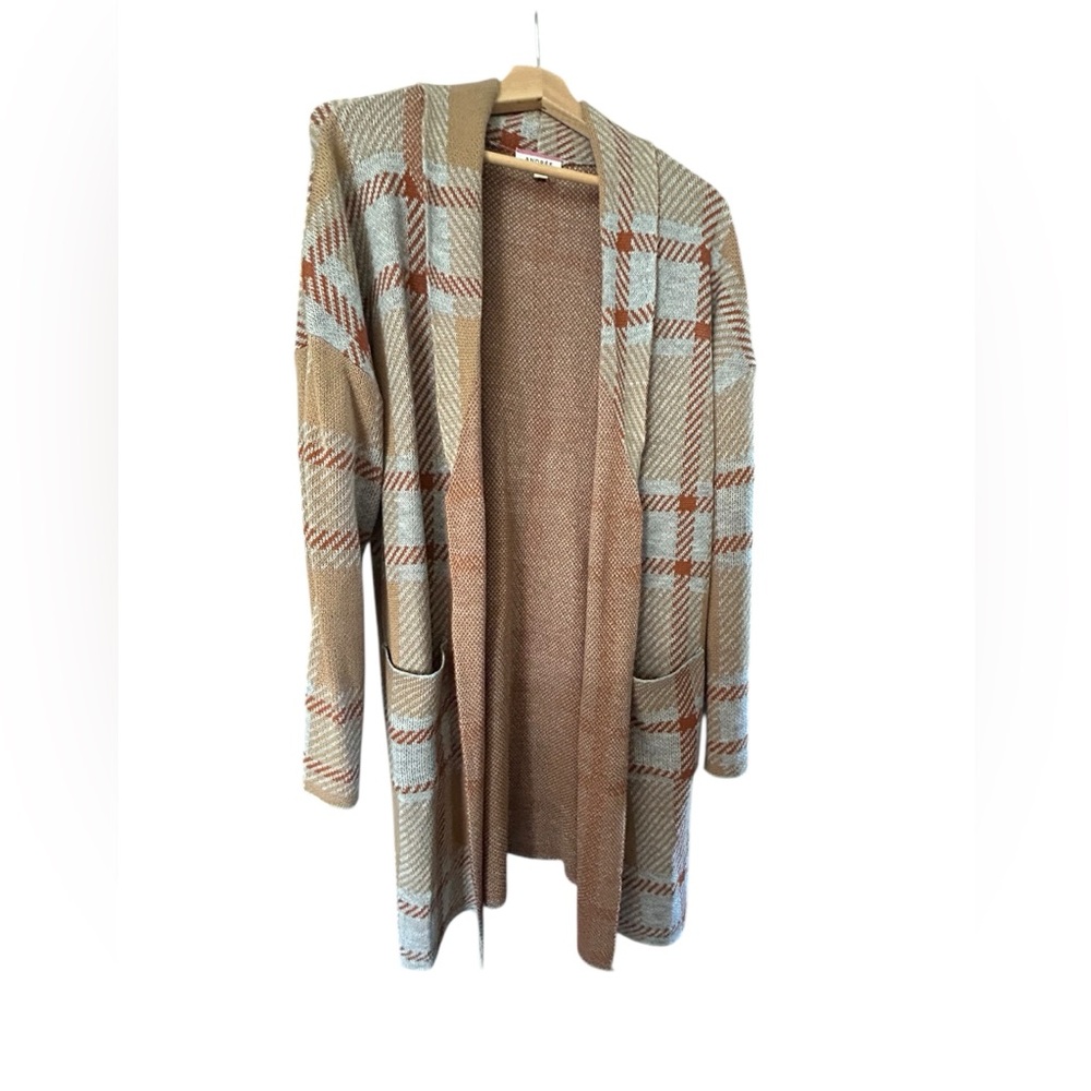 ANDREE BY UNIT Tan and Brown Plaid Cardigan Size L